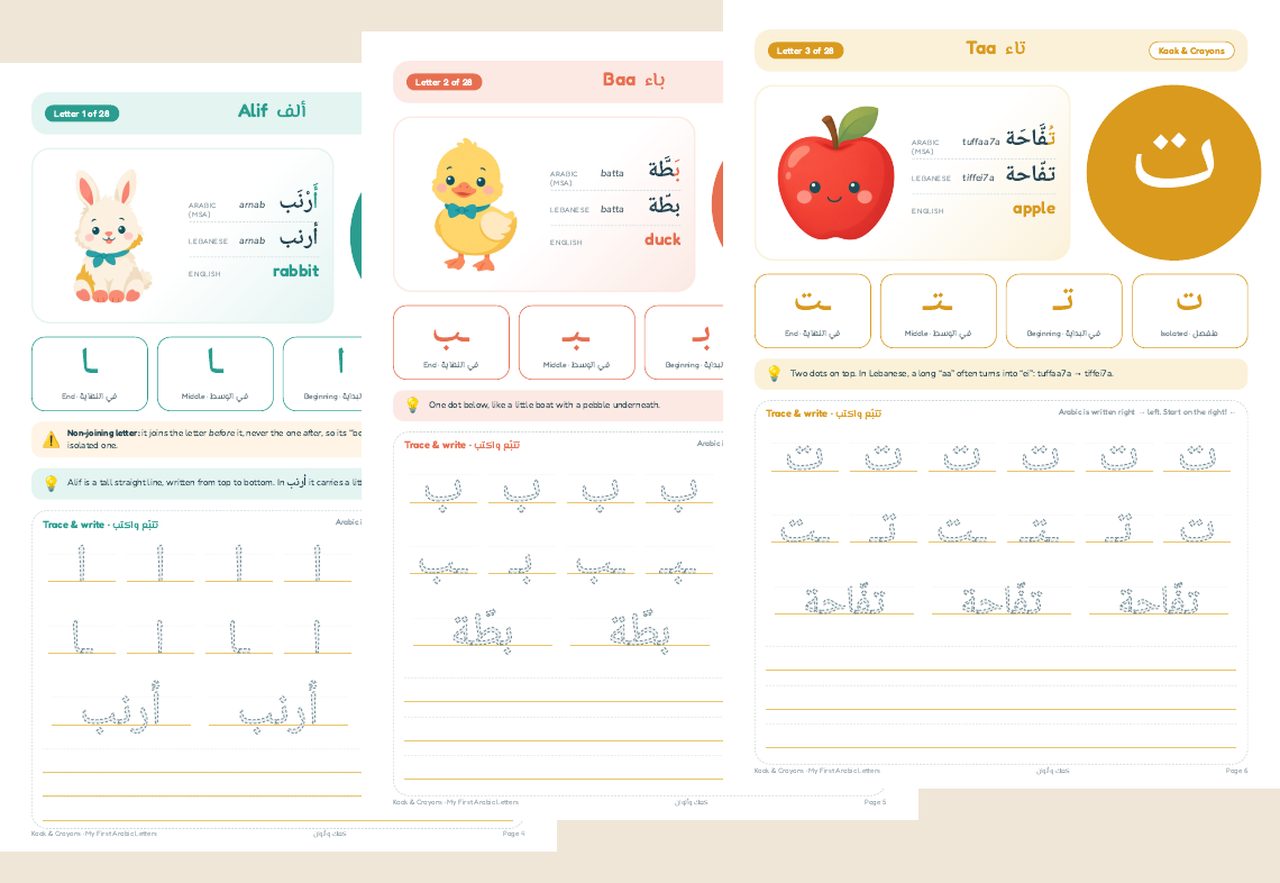 Free sample letter pages for Alif, Baa and Taa with tracing rows and picture words