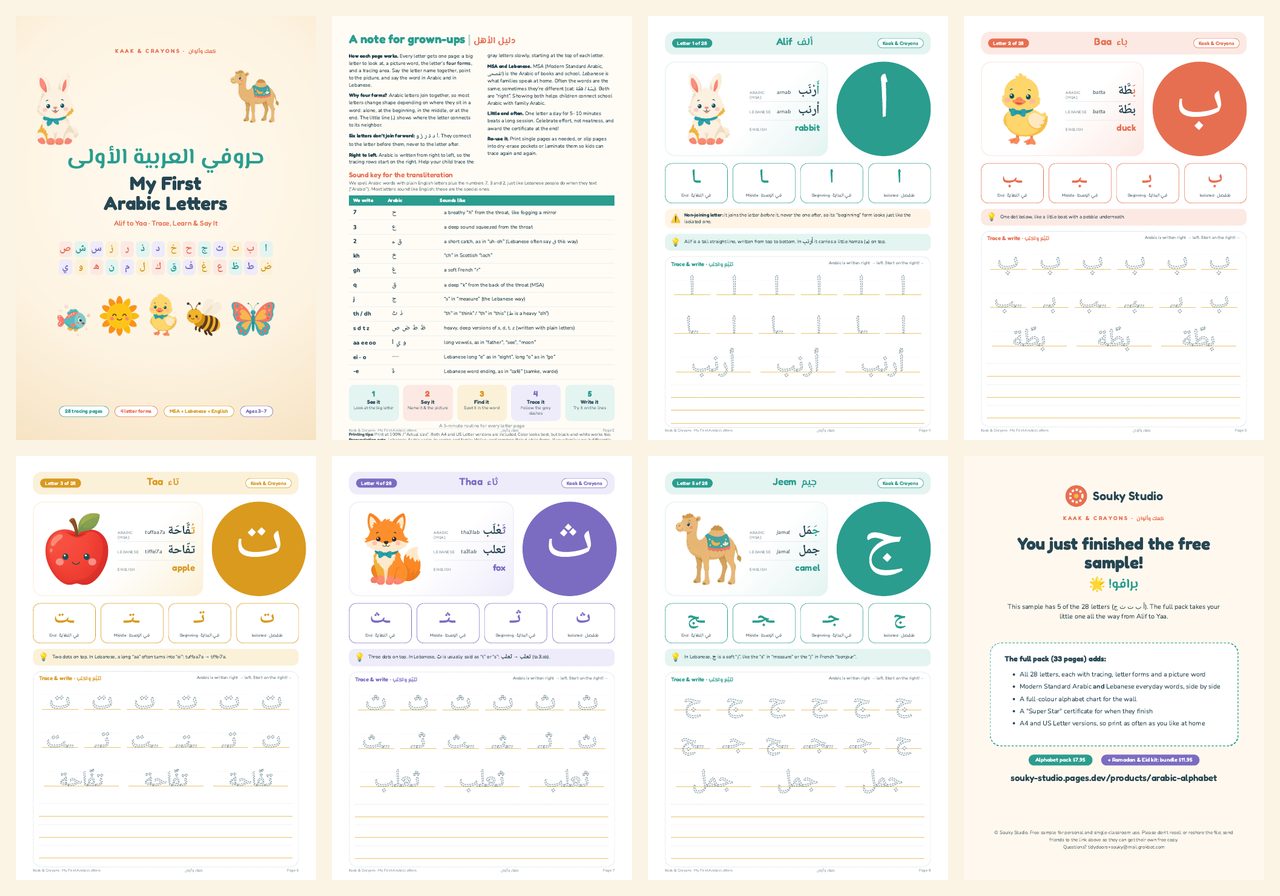 All 8 pages of the free sample: cover, parent guide, Alif to Jeem and a closing page